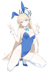Rule 34 | 1girl, absurdres, animal ears, blonde hair, blue archive, blue eyes, blue leotard, bow, bowtie, breasts, detached collar, double v, fake animal ears, halo, highres, leotard, long hair, looking at viewer, medium breasts, official alternate costume, playboy bunny, rabbit ears, solo, sonoda 345, squatting, strapless, strapless leotard, thighhighs, toki (blue archive), toki (bunny) (blue archive), v, very long hair, white background, white thighhighs, wrist cuffs