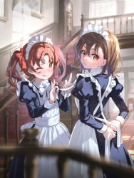 Rule 34 | 2girls, ;p, alternate costume, apron, black dress, blurry, blurry foreground, brown eyes, brown hair, commentary, dress, enmaided, highres, indoors, juliet sleeves, long hair, long sleeves, looking at viewer, looking back, maid, maid apron, maid day, maid headdress, medium hair, misaka mikoto, multiple girls, one eye closed, puffy sleeves, stairs, stuffed toy, symbol-only commentary, toaru kagaku no railgun, toaru majutsu no index, tongue, tongue out, twintails, tying apron, white apron, yonabe