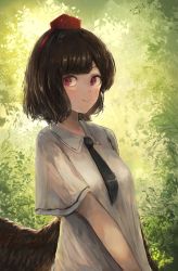Rule 34 | 1girl, black hair, black necktie, black wings, breasts, closed mouth, collared shirt, commentary request, fjsmu, forest, hat, highres, looking at viewer, looking to the side, medium breasts, nature, necktie, purple eyes, red hat, shameimaru aya, shirt, short hair, short sleeves, smile, solo, tokin hat, touhou, white shirt, wings