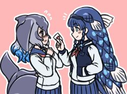 Rule 34 | 2girls, acesrulez, alternate costume, blowhole, blue eyes, blue hair, blue jacket, blue skirt, blue whale (kemono friends), blunt bangs, blush, braid, cetacean tail, coelacanth (kemono friends), dorsal fin, fins, fish girl, fish tail, glasses, grey hair, hand in pocket, head fins, jacket, kemono friends, letter, letterman jacket, long hair, looking at another, love letter, multicolored clothes, multicolored hair, multicolored jacket, multiple girls, neckerchief, pleated skirt, red neckerchief, sailor collar, scales, school uniform, short hair, sidelocks, skirt, sweater, tail, twin braids, two-tone jacket, whale girl, white jacket, white sweater