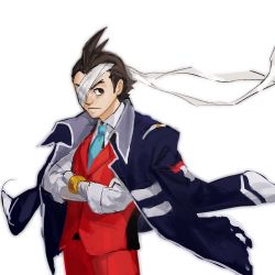 Rule 34 | 1boy, ace attorney, antenna hair, apollo justice, bandaged head, bandages, blue jacket, blue necktie, bracelet, brown eyes, brown hair, closed mouth, collared shirt, cowboy shot, crossed arms, forked eyebrows, godzillapigeon1, highres, jacket, jacket on shoulders, jewelry, long sleeves, looking back, male focus, matching hair/eyes, necktie, one eye covered, pants, phoenix wright: ace attorney - dual destinies, red pants, red vest, shirt, short hair, simple background, sketch, solo, standing, v-shaped eyebrows, vest, white background, white shirt