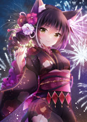 Rule 34 | 1girl, aerial fireworks, animal ear fluff, black flower, black hair, black kimono, braid, breasts, brown eyes, closed mouth, commentary request, crown braid, fireworks, floral print, flower, frilled sleeves, frills, hair between eyes, hair flower, hair ornament, hand up, ichiyou moka, japanese clothes, karyl (new year) (princess connect!), karyl (princess connect!), kimono, long sleeves, multicolored hair, night, night sky, obi, outdoors, pink flower, princess connect!, print kimono, sash, sky, small breasts, smile, solo, streaked hair, white flower, white hair, wide sleeves