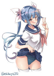 Rule 34 | 1girl, alternate costume, blue hair, blue skirt, blush, breasts, cleavage, clothes lift, collarbone, contrapposto, cowboy shot, ebifurya, fang, hair between eyes, hair ribbon, highres, i-19 (kancolle), kantai collection, lifting own clothes, lips, long hair, looking at viewer, medium breasts, one-piece swimsuit, open mouth, pleated skirt, red eyes, ribbon, sailor collar, school swimsuit, school uniform, serafuku, short sleeves, simple background, skindentation, skirt, skirt lift, smile, solo, standing, star-shaped pupils, star (symbol), swimsuit, swimsuit under clothes, symbol-shaped pupils, thighs, tri tails, twitter username, white legwear
