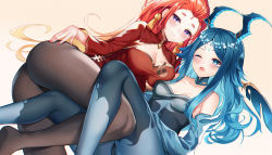 Rule 34 | 2girls, artist request, ass, bare shoulders, blue eyes, blue hair, blush, bonanus (genshin impact), breasts, china dress, chinese clothes, come hither, dress, from behind, genshin impact, highres, horns, indarias (genshin impact), long hair, looking at viewer, multicolored hair, multiple girls, nature, open mouth, orange hair, purple eyes, red hair, shiny clothes, shiny skin, smile, very long hair, wince