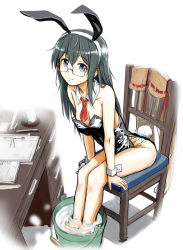 Rule 34 | 1girl, absurdres, alternate costume, animal ears, black hair, black leotard, blue eyes, breasts, bucket, chair, closed mouth, cup, desk, detached collar, fake animal ears, fake tail, glasses, highres, kantai collection, unworn legwear, leotard, long hair, looking at viewer, medium breasts, necktie, ooyodo (kancolle), playboy bunny, rabbit ears, rabbit tail, red necktie, simple background, sitting, soaking feet, solo, tail, water, white background, wrist cuffs, yunomi, zarabu01
