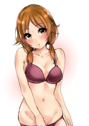 Rule 34 | 1girl, :o, arm at side, bare arms, bare shoulders, blush, bra, breasts, brown eyes, cleavage, collarbone, convenient arm, gradient background, groin, hair tie, head tilt, highres, idolmaster, idolmaster cinderella girls, katagiri sanae, long hair, looking at viewer, low twintails, medium breasts, murabito c, navel, panties, panty pull, parted bangs, parted lips, pink background, pulled by self, purple bra, purple panties, short twintails, sketch, solo, stomach, tareme, twintails, underwear