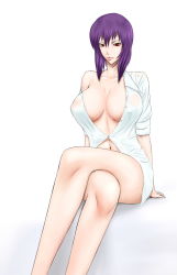 Rule 34 | 1girl, bad id, bad pixiv id, breasts, cleavage, covered erect nipples, crossed legs, ghost in the shell, ghost in the shell stand alone complex, kusanagi motoko, large breasts, legs, libre, naked shirt, navel, purple hair, red eyes, shirt, short hair, simple background, sitting, solo, thighs, wet, wet clothes