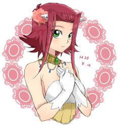 Rule 34 | 1girl, breasts, collarbone, cropped torso, dated, dress, flower, gloves, green eyes, hair flower, hair ornament, hairpin, izayoi aki, looking at viewer, mechakucha, medium breasts, pink flower, pink rose, red hair, rose, short hair with long locks, sidelocks, sleeveless, sleeveless dress, solo, strapless, strapless dress, upper body, wedding dress, white gloves, yu-gi-oh!, yu-gi-oh! 5d&#039;s
