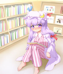Rule 34 | 1girl, barefoot, blush, book, bookshelf, bow, breast rest, breasts, chen, children&#039;s book, crescent, dress, eyebrows, feet, frown, hair bow, hat, hat ribbon, indoors, kirisame marisa, knees up, koakuma, large breasts, long hair, looking at viewer, mob cap, patchouli knowledge, purple eyes, purple hair, ribbon, robe, sitting, solo, touhou, waribashi-p