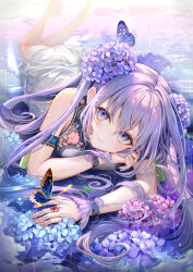 Rule 34 | 1girl, animal, bare shoulders, barefoot, blue eyes, blue flower, bug, butterfly, closed mouth, commentary request, dress, flower, hair flower, hair ornament, highres, insect, jewelry, kouyafu, legs up, long hair, looking at viewer, lying, on stomach, original, partially submerged, purple flower, purple hair, ring, ripples, shallow water, sleeveless, sleeveless dress, smile, solo, twintails, very long hair, water, white dress, wrist cuffs