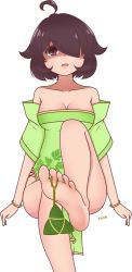 Rule 34 | 1girl, absurdres, barefoot, between toes, bracelet, breasts, brown eyes, brown hair, chinese clothes, cleavage, feet, food, hair over one eye, highres, jewelry, looking at viewer, medium hair, open mouth, shaded face, sitting, soles, toes, zongzi