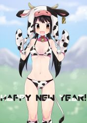 Rule 34 | 1girl, :d, animal collar, animal print, bell, bikini, black hair, blue sky, blurry, blurry background, breasts, brown eyes, cloud, cloudy sky, collar, cow hat, cow print, cow tail, day, drawstring, ear tag, english text, fake tail, happy new year, highres, idolmaster, idolmaster cinderella girls, kneehighs, long hair, looking at viewer, low twintails, medium breasts, mittens, nakano yuka, navel, neck bell, new year, open mouth, outdoors, print bikini, print mittens, print socks, shinkai kiiro, sky, smile, socks, solo, standing, swimsuit, tail, twintails, w arms, white bikini, white mittens, white socks