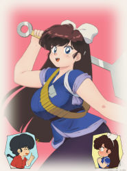 Rule 34 | 1boy, 1girl, blue eyes, blush, breasts, brown hair, chibi, chibi inset, full-face blush, highres, holding, holding spatula, japanese clothes, kuonji ukyou, large breasts, long hair, looking at viewer, mage (harumagedon), open mouth, pink background, ranma 1/2, saotome ranma, simple background, spatula