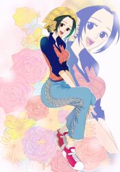 Rule 34 | 1girl, blue pants, brown eyes, commentary request, flower, green hair, head scarf, highres, invisible chair, looking at viewer, makino (one piece), may snmk, one piece, pants, red footwear, shirt, shoes, sidelocks, sitting, smile, solo