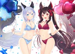 Rule 34 | 2girls, animal ears, artist name, balloon, between breasts, black hair, blue bra, blue eyes, blue panties, bow, bra, braid, breasts, cleavage, closed mouth, commentary, commission, confetti, english commentary, english text, fox ears, fox girl, fox tail, grey hair, hair bow, highres, holding, holding balloon, lingerie, long hair, looking at viewer, medium breasts, mixed-language commentary, multiple girls, navel, open mouth, original, osumi izumi, palms together, panties, red bow, red bra, red eyes, red panties, short hair, sidelocks, signature, skeb commission, smile, standing, tail, twintails, underwear, underwear only