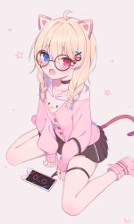 Rule 34 | 1girl, ahoge, animal ears, bare legs, black-framed eyewear, black choker, black skirt, blonde hair, blouse, blue eyes, blush, boots, braid, buttons, cat hair ornament, cellphone, choker, collarbone, commentary, fang, full body, hair between eyes, hair ornament, hair over shoulder, heterochromia, highres, iphone, long hair, looking at viewer, open mouth, original, phone, pink footwear, pink sweater, pleated skirt, red eyes, roin, shirt, simple background, sitting, skin fang, skirt, sleeves past wrists, smartphone, smile, solo, sweater, tail, thigh strap, wariza, white background, white shirt, x hair ornament