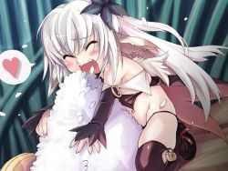 Rule 34 | 1girl, ^ ^, closed eyes, food, game cg, heart, hug, long hair, mini person, minigirl, onigiri, open mouth, rice, solo, spoken heart, thighhighs, wazakita, white hair, ww&amp;f ~the world of water and a fairy~