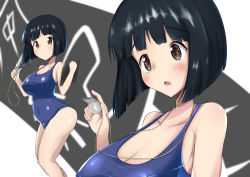 Rule 34 | 1girl, absurdres, black hair, blue one-piece swimsuit, blush, breasts, brown eyes, cleavage, closed mouth, collarbone, covered erect nipples, covered navel, girls und panzer, gotou moyoko, highres, large breasts, looking at viewer, multiple views, naopon918, one-piece swimsuit, open mouth, short hair, smile, swimsuit, whistle