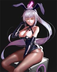 Rule 34 | 1girl, animal ears, bad id, bad pixiv id, breasts, cleavage, collar, elbow gloves, fake animal ears, gloves, large breasts, leotard, long hair, original, pantyhose, playboy bunny, ponytail, rabbit ears, rabbit tail, silver hair, solo, tail, yellow eyes, yunsang
