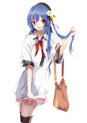 Rule 34 | 1girl, adapted costume, adjusting hair, bag, black thighhighs, blue hair, carrying, casual, contemporary, cowboy shot, flower, frilled skirt, frills, from side, hair flower, hair ornament, handbag, hinanawi tenshi, long hair, looking at viewer, miniskirt, neckerchief, open mouth, pink skirt, pleated skirt, red eyes, red neckerchief, shirt, shirt tug, short sleeves, simple background, skirt, smile, solo, standing, tetsurou (fe+), thighhighs, touhou, white background, white shirt