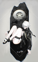Rule 34 | 1girl, black footwear, black nails, chromatic aberration, commentary, from above, grey eyes, hair over one eye, highres, jacket, jewelry, knees to chest, legs up, leotard, looking at viewer, looking up, lying, math, nail polish, oguchi, on back, original, pale skin, ring, shoes, short hair, socks, solo, thigh strap, thumb ring, white hair, white socks