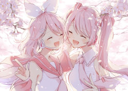 Rule 34 | 2girls, arm warmers, backlighting, bare shoulders, blouse, blurry, blurry foreground, bow, cherry blossoms, closed eyes, collar, commentary, depth of field, detached sleeves, falling petals, flower, hair bow, hair ornament, hairclip, hand on headphones, hatsune miku, hazuki natsu, headphones, headset, highres, kagamine rin, long hair, multiple girls, nail polish, necktie, open mouth, petals, pink collar, pink flower, pink hair, pink nails, pink neckwear, pink sleeves, pink theme, sailor collar, sakura miku, sakura rin, school uniform, shirt, short hair, side-by-side, sleeveless, sleeveless shirt, smile, swept bangs, twintails, upper body, very long hair, vocaloid, white bow, white shirt
