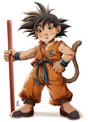 Rule 34 | 1boy, alien, black eyes, black hair, child, dewnoir, dragon ball, full body, hand on own hip, looking at viewer, male focus, rocio zucchi, signature, simple background, smile, solo, son goku, staff, standing, tail, white background