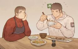 Rule 34 | 2boys, alternate costume, apron, bara, black hair, blue apron, brown hair, chataro1412, cheek bulge, chopsticks, contemporary, couple, eating, glasses, hood, hoodie, male focus, protagonist 3 (housamo), multiple boys, pectorals, red sweater, rimless eyewear, motoori shiro, short hair, smile, sweater, table, thick eyebrows, tokyo houkago summoners, toned, toned male, upper body, white hoodie, wooden table, yaoi