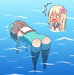 Rule 34 | 10s, 2girls, ^^^, adapted costume, afloat, aqua one-piece swimsuit, ass, blank stare, blonde hair, breasts, brown hair, deformed, floating, hat, highres, kantai collection, maya (kancolle), medium breasts, mini hat, multiple girls, o o, one-piece swimsuit, remodel (kantai collection), ro-500 (kancolle), school swimsuit, sketch, surprised, swimsuit, tan, thighhighs, unconscious, water, yasuto (eria151)