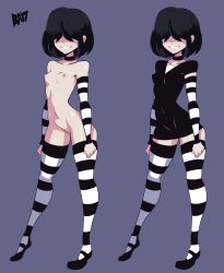 Rule 34 | 1girl, 2017, absurdres, arm warmers, bigdead, black dress, black footwear, black hair, breasts, choker, cleft of venus, collarbone, covered navel, dated, detached sleeves, dress, full body, goth fashion, hair over eyes, highres, legs apart, lucy loud, multiple views, navel, nickelodeon, nipples, nude, pale skin, purple background, pussy, shiny skin, shoes, short dress, short hair, simple background, small breasts, smile, standing, striped clothes, striped thighhighs, teeth, text focus, the loud house, thighhighs, uncensored, watermark