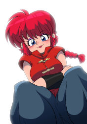 Rule 34 | 1girl, blue eyes, blush, braid, braided ponytail, chinese clothes, crossed arms, hamdyartzone, highres, looking at viewer, ranma-chan, ranma 1/2, red hair, shadow, simple background, sitting, solo, tongue, tongue out, white background