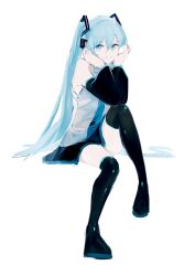 Rule 34 | 1girl, black footwear, black skirt, black sleeves, blue eyes, blue hair, blue necktie, boots, closed mouth, collared shirt, detached sleeves, hair between eyes, hair ornament, hands on own cheeks, hands on own face, hatsune miku, headset, highres, knee up, long sleeves, looking at viewer, miniskirt, necktie, potetoneko, shirt, sidelocks, simple background, sitting, skirt, sleeveless, sleeveless shirt, smile, solo, thigh boots, thighhighs, thighs, tie clip, twintails, vocaloid, white background, white shirt, zettai ryouiki