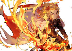 Rule 34 | 1boy, belt, belt buckle, black jacket, black pants, blonde hair, buckle, cape, closed mouth, commentary request, dated, dema hmw, flaming sword, flaming weapon, forehead, forked eyebrows, holding, holding sword, holding weapon, jacket, kimetsu no yaiba, long hair, long sleeves, looking at viewer, male focus, multicolored hair, pants, red eyes, red hair, rengoku kyoujurou, sheath, signature, simple background, solo, streaked hair, sword, thick eyebrows, two-handed, unsheathed, v-shaped eyebrows, weapon, white background, white belt, white cape