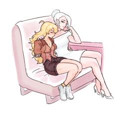 Rule 34 | 2girls, amputee, blonde hair, breasts, cleavage, commentary, couch, dashingicecream, dress, embarrassed, closed eyes, hair bun, high heels, long hair, looking at another, multiple girls, one eye closed, rwby, shoes, single hair bun, sitting, smile, white dress, white footwear, white hair, white heels, winter schnee, yang xiao long, yuri