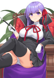 Rule 34 | 1girl, absurdres, armchair, bb (fate), bb (fate/extra), black coat, black skirt, black thighhighs, blush, breasts, chair, closed mouth, coat, commentary request, fate/extra, fate/extra ccc, fate (series), gloves, hair ribbon, hand up, high-waist skirt, highres, holding, holding wand, large breasts, leotard, long hair, long sleeves, looking at viewer, neck ribbon, open clothes, open coat, panties, pantyshot, pleated skirt, popped collar, purple eyes, purple hair, red ribbon, ribbon, sitting, skirt, smile, solo, suiroh (shideoukami), thighhighs, underwear, very long hair, wand, white gloves, white leotard, white panties, wide sleeves