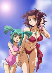 Rule 34 | 00s, 2girls, bikini, bow, bracelet, breasts, child, green hair, hair ornament, izayoi aki, jewelry, large breasts, luca (yu-gi-oh!), multiple girls, necklace, one-piece swimsuit, red hair, short twintails, swimsuit, twintails, yu-gi-oh!, yu-gi-oh! 5d&#039;s