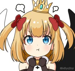 Rule 34 | 1girl, :t, asymmetrical wings, bare shoulders, black gloves, black wings, blonde hair, blue eyes, bow, closed mouth, crown, dress, elbow gloves, gloves, hair bow, hands up, looking at viewer, marl (shironeko project), mini crown, mismatched wings, mitya, pout, red bow, shironeko project, simple background, solo, tilted headwear, twitter username, two side up, upper body, white background, white dress, white wings, wings
