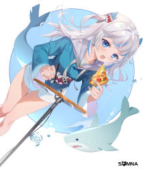Rule 34 | 1girl, absurdres, artist name, blue eyes, blue hair, blue hoodie, blue nails, blush, breasts, eating, fins, fish tail, food, gawr gura, gawr gura (1st costume), hair ornament, highres, holding, holding food, holding pen, holding pizza, hololive, hololive english, hood, hoodie, leaning forward, long hair, long sleeves, looking at viewer, multicolored hair, nail polish, open mouth, pen, pizza, pizza slice, shark, shark hair ornament, shark tail, small breasts, solo, somna, standing, tail, teeth, two side up, virtual youtuber, white headwear, wide sleeves