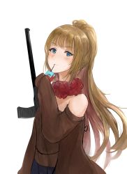 Rule 34 | 1girl, bare shoulders, blue eyes, blush, brown hair, brown sweater, chan1moon, commentary, highres, holding, long sleeves, looking at viewer, original, ponytail, simple background, sleeves past fingers, sleeves past wrists, solo, sweater, white background