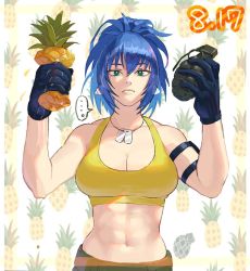 Rule 34 | abs, armlet, bare shoulders, blue hair, bomb, breasts, cleavage, commentary, dated, dog tags, earrings, explosive, food, fruit, fruit background, gloves, green eyes, grenade, gun, jewelry, leona heidern, muscular, muscular female, oni gini, pineapple, ponytail, pun, snk, solo, tank top, the king of fighters, the king of fighters xiv, the king of fighters xv, triangle earrings, weapon, yellow tank top