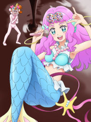 Rule 34 | 2girls, :d, arm up, bangle, bikini, blue bikini, blue eyes, blush, bracelet, character request, commentary request, cosplay, hand up, highres, holding, holding microphone, jewelry, kururun (precure), kururun (precure) (cosplay), laura (precure), long hair, looking at viewer, mameshiba (pixiv 59310), mermaid, microphone, monster girl, multiple girls, natsuumi manatsu, navel, open mouth, precure, purple hair, smile, solo focus, standing, starfish, swimsuit, teeth, thick eyebrows, tropical-rouge! precure, upper teeth only