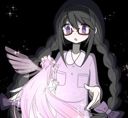 Rule 34 | 2girls, :o, absurdly long hair, akemi homura, black background, black hair, black hairband, braid, finger to mouth, flat chest, full body, glasses, gloves, glowing, hair ribbon, hairband, kaname madoka, long hair, looking at another, looking up, mahou shoujo madoka magica, mahou shoujo madoka magica (anime), multiple girls, nightgown, pink hair, pokki (sue eus), profile, purple eyes, purple nightgown, purple ribbon, red-framed eyewear, ribbon, short twintails, simple background, smile, sparkle, surprised, twin braids, twintails, ultimate madoka, upper body, very long hair, white gloves, white ribbon, wings