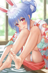 Rule 34 | 1girl, barefoot, blue hair, blush, feet, hair bun, highres, hololive, japanese clothes, kimono, long hair, looking at viewer, mawoillust, panties, pantyshot, parted lips, rabbit ears, soles, toes, underwear, usada pekora, virtual youtuber, water, yellow eyes, yukata