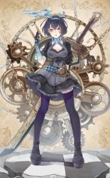 Rule 34 | 1girl, alice (sinoalice), black dress, black footwear, black hair, brown eyes, chain, checkered floor, dress, full body, gears, hairband, highres, idco, looking at viewer, open mouth, pocket watch, purple thighhighs, shoes, short hair, sinoalice, solo, standing, sword, thighhighs, watch, weapon