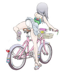 Rule 34 | 1girl, aoi zero, ass, bare arms, bare shoulders, bicycle, bow, cameltoe, camisole, female focus, from behind, full body, heart, leg lift, original, panties, sandals, shirt, simple background, skirt, solo, striped clothes, striped shirt, underwear, white background, white panties