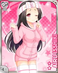 Rule 34 | 1girl, black hair, character name, closed mouth, collarbone, girlfriend (kari), headband, isshiki airu, long hair, official art, one eye closed, pajamas, pink background, qp:flapper, red eyes, side ponytail, skirt, smile, tagme, thighhighs, white headband, white thighhighs