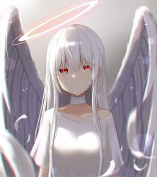 Rule 34 | 1girl, albino, angel, angel wings, bandages, commentary, double halo, dress, feathered wings, feathers, halo, highres, long hair, original, red eyes, tokano 56, white dress, white hair, white wings, wings