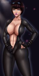 Rule 34 | abs, black hair, blue eyes, bodysuit, breasts, cameltoe, catsuit, cleavage, cleft of venus, earrings, fingerless gloves, flowerxl, full-length zipper, gloves, goggles, goggles on head, hand on own hip, highres, hip focus, jewelry, large breasts, lipstick, lucy lennon, makeup, muscular, neo knights, short hair, skin tight, toned, undressing, unzipped, zipper