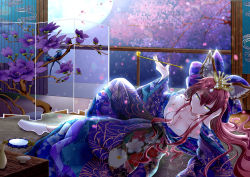 Rule 34 | 10s, 1girl, absurdres, animal ears, backlighting, bare shoulders, bow, breasts, cleavage, collarbone, fate/extra, fate/extra ccc, fate (series), fox ears, fox tail, hair bow, hair ribbon, highres, japanese clothes, kimono, large breasts, looking at viewer, lying, mirror, moon, on side, pink hair, ribbon, solo, suiten nikkou amaterasu yanoshisu ishi, tail, tamamo (fate), tamamo no mae (fate/extra), tree, yellow eyes