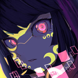 Rule 34 | 1girl, absurdres, black hair, blue hair, close-up, crescent, crescent facial mark, facial mark, glowing, glowing eyes, highres, looking at viewer, metallic rouge, miura koo, neon palette, parted lips, pink eyes, portrait, purple hair, rouge redstar, solo